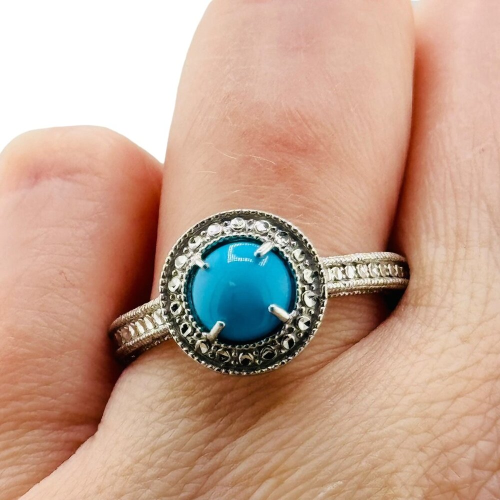 Sterling Silver 925 Blue Center Solitaire Ring Size 9 Statement Pretty Detailed